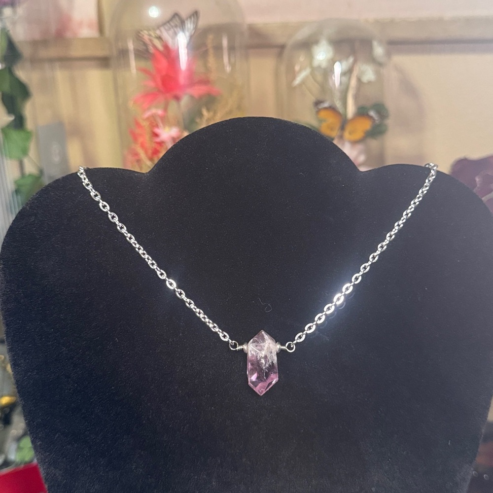 Double Terminated Amethyst Pendant Necklace stainless steel 16 in